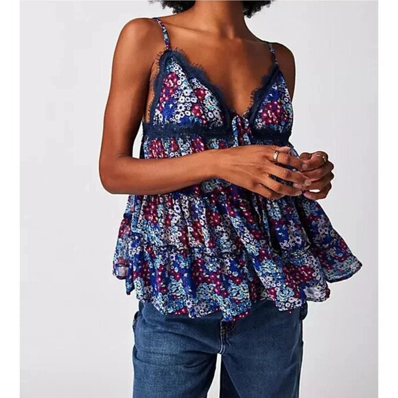 Free People Floral Tiered Lace V-Neck Cami Womens Small Blue Merrie's Garden - Picture 1 of 7
